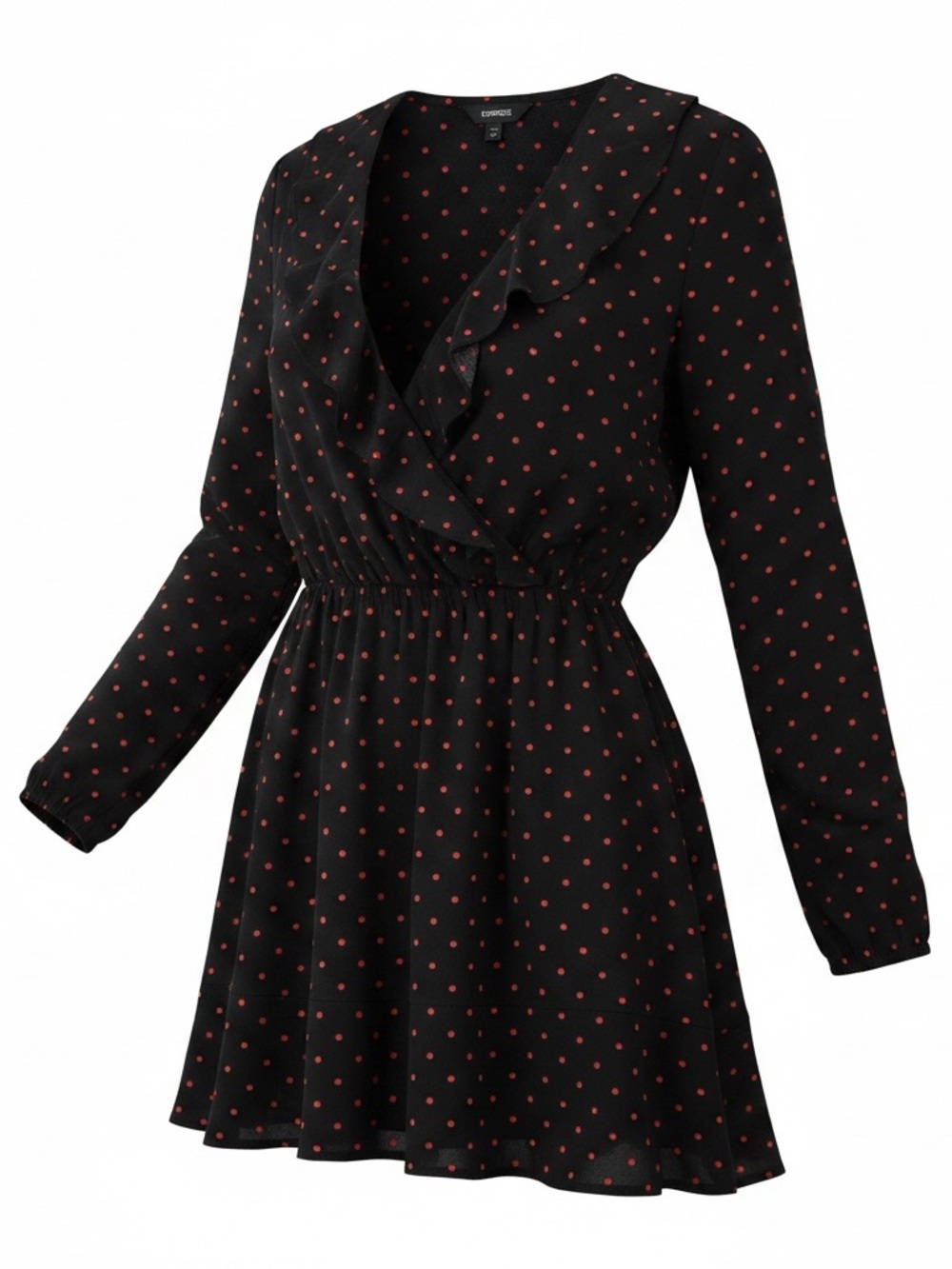 Express Black Long-Sleeve Polka Dot Wrap Dress - Red Dots